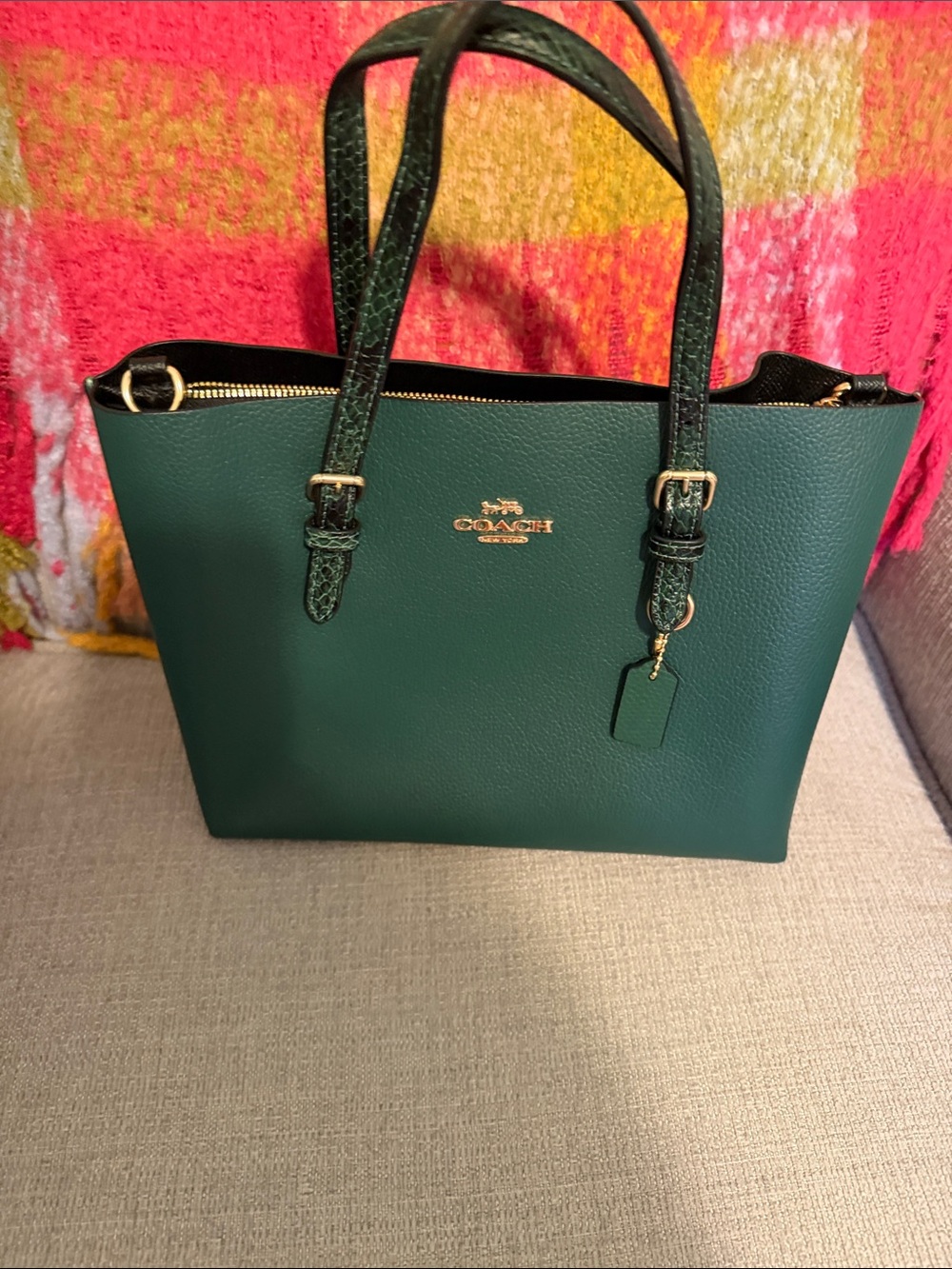 NWT Coach Dark Green Leather Mollie” Tote with Snake Trim and Gold Accents